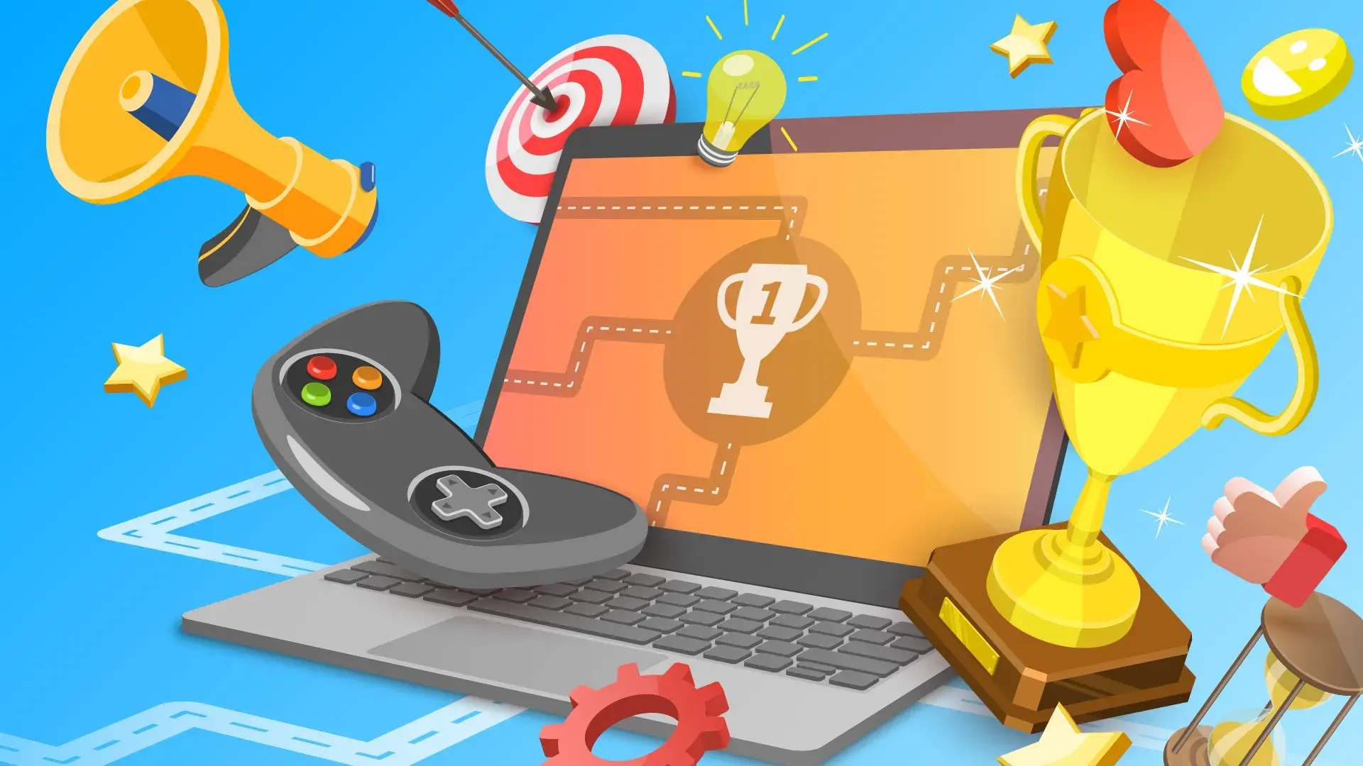 3D vector image depicting various items related to gamification, including a laptop, a trophy, and a gaming controller