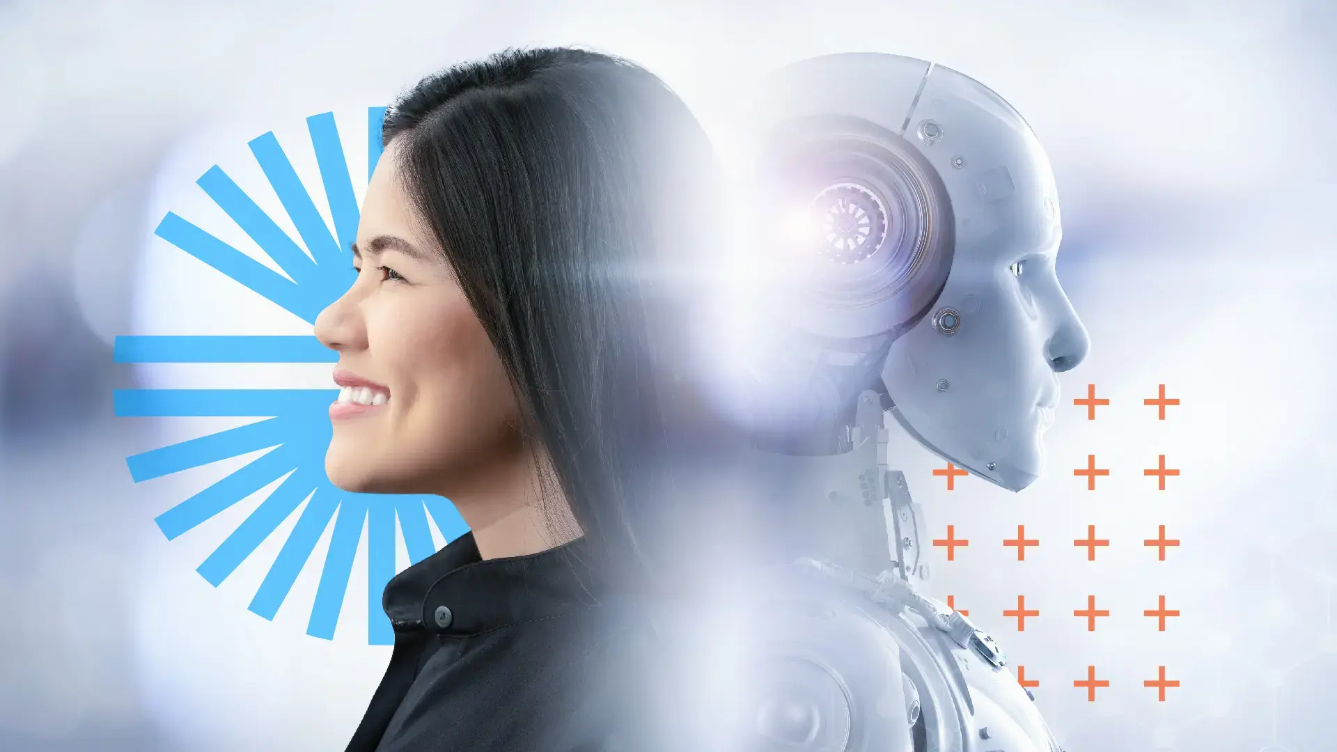 A smiling woman back-to-back with a humanoid robot