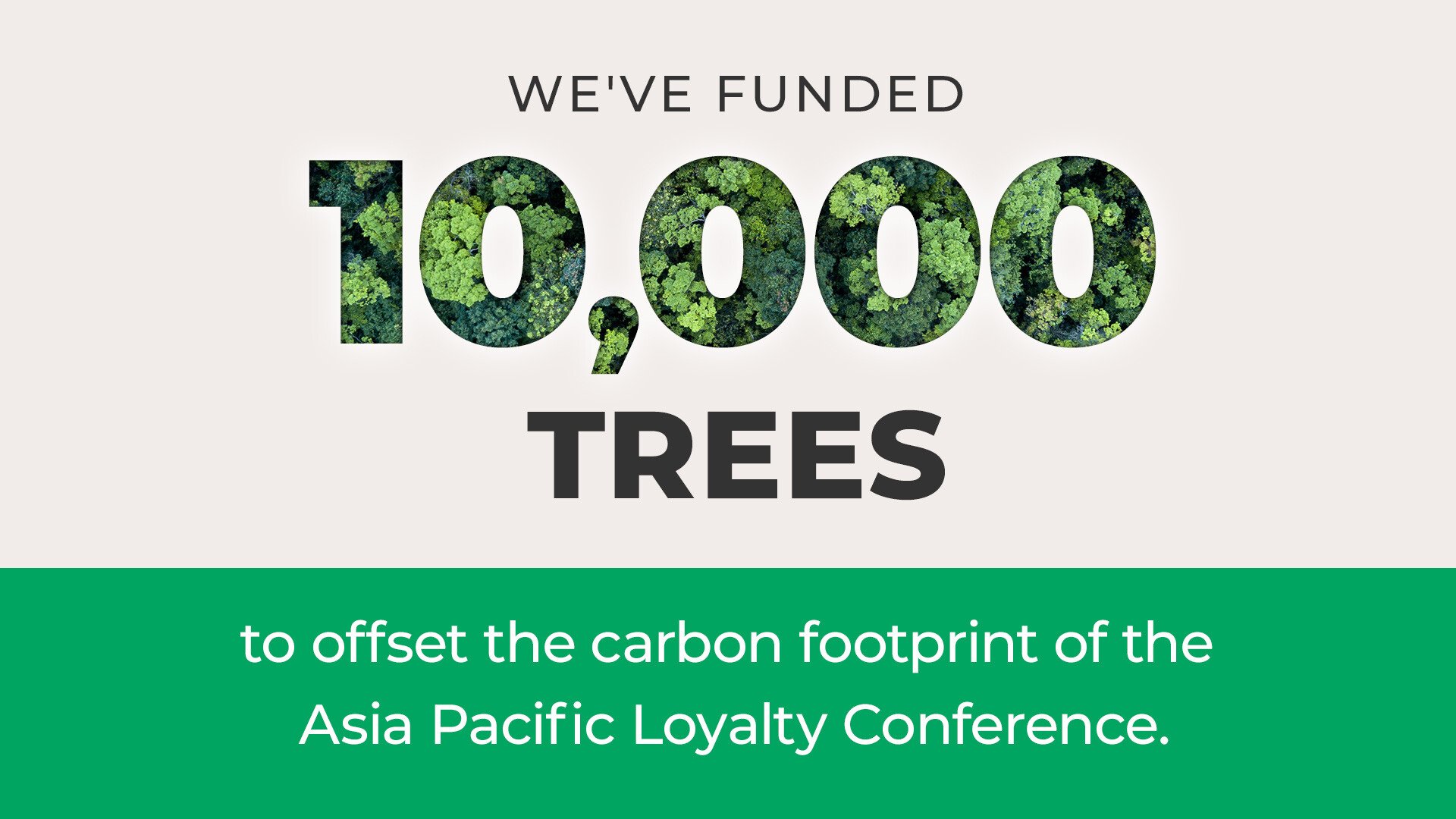 Image with text stating 'We've Funded 10,000 Trees to offset the carbon footprint of the Asia Pacific Loyalty Conference' with a background of tree foliage.